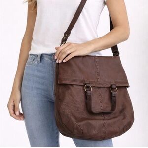 Lucky Brand Foldover Convertible Dark Brown Leather Handbag Purse Shoulder Bag